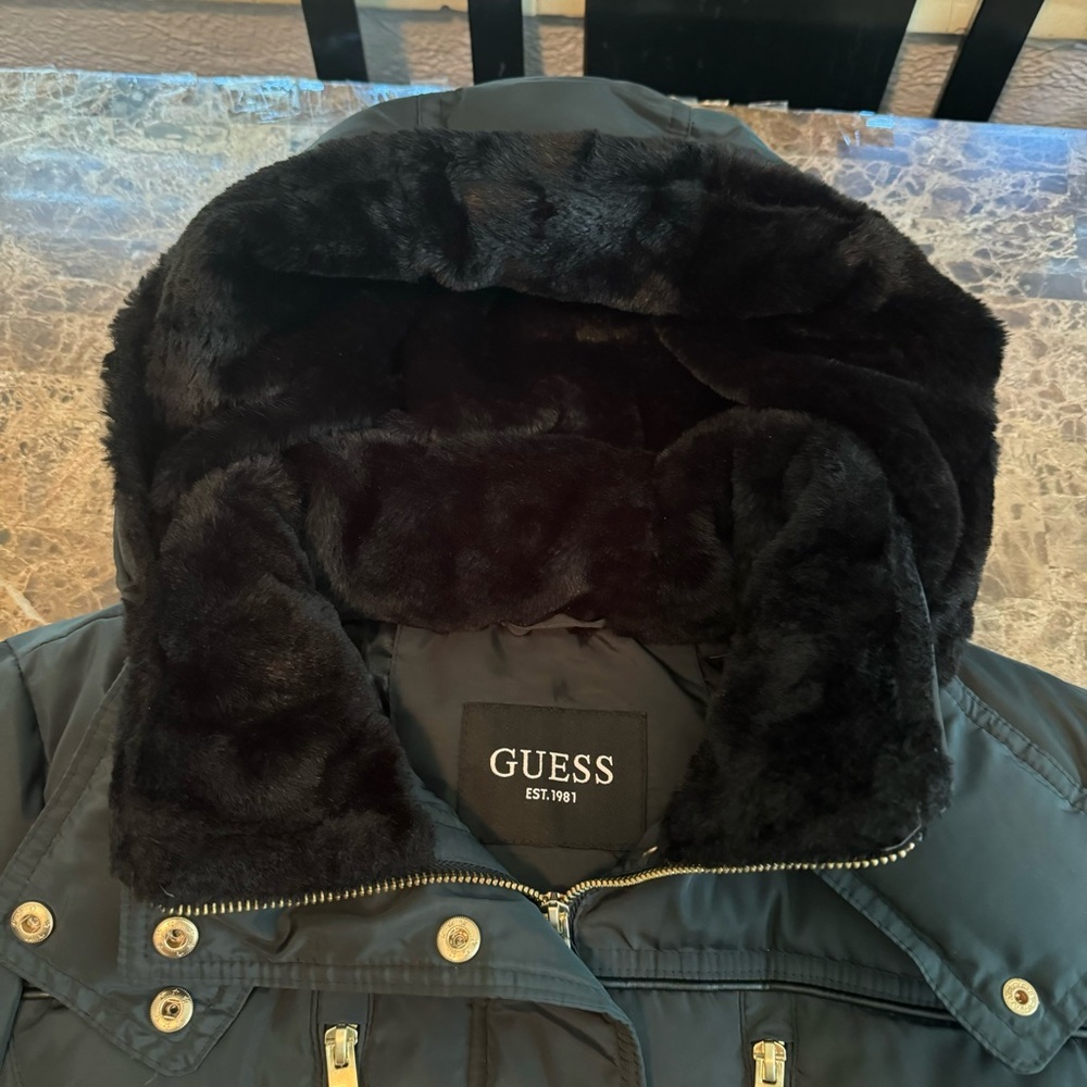 Guess Hooded Puffer Down Jacket Black with Gold Detail Faux Fur​ - Picture 6 of 12